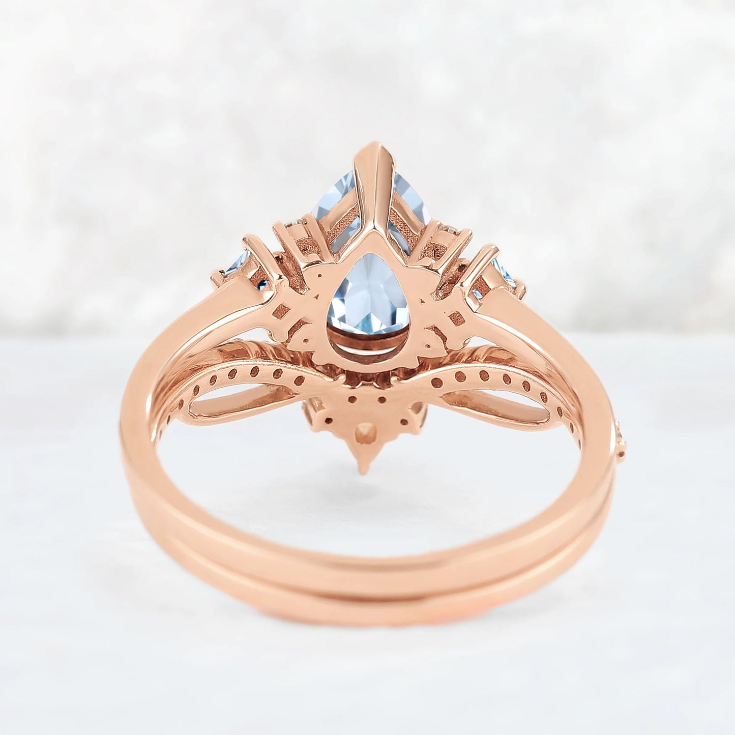 Princess Mononoke Pear Cut Aquamarine Cluster Gemstone Ring Set 2pcs