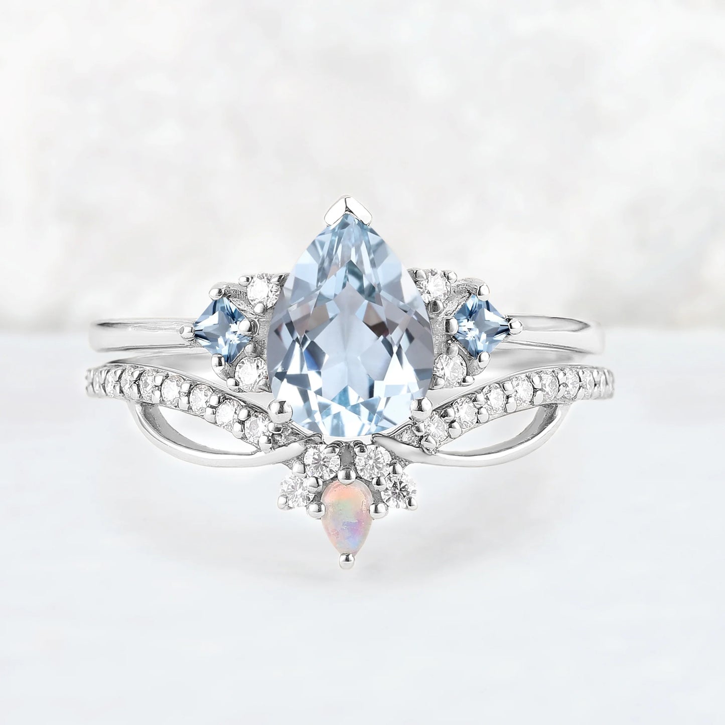Princess Mononoke Pear Cut Aquamarine Cluster Gemstone Ring Set 2pcs