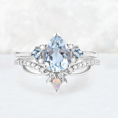 Princess Mononoke Pear Cut Aquamarine Cluster Gemstone Ring Set 2pcs