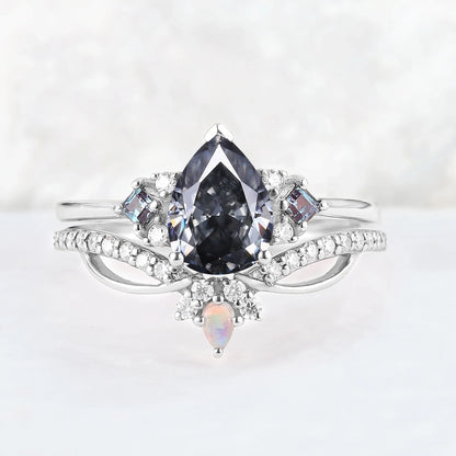 Princess Mononoke Pear Cut Gray Moissanite Cluster Gemstone Ring Set 2pcs