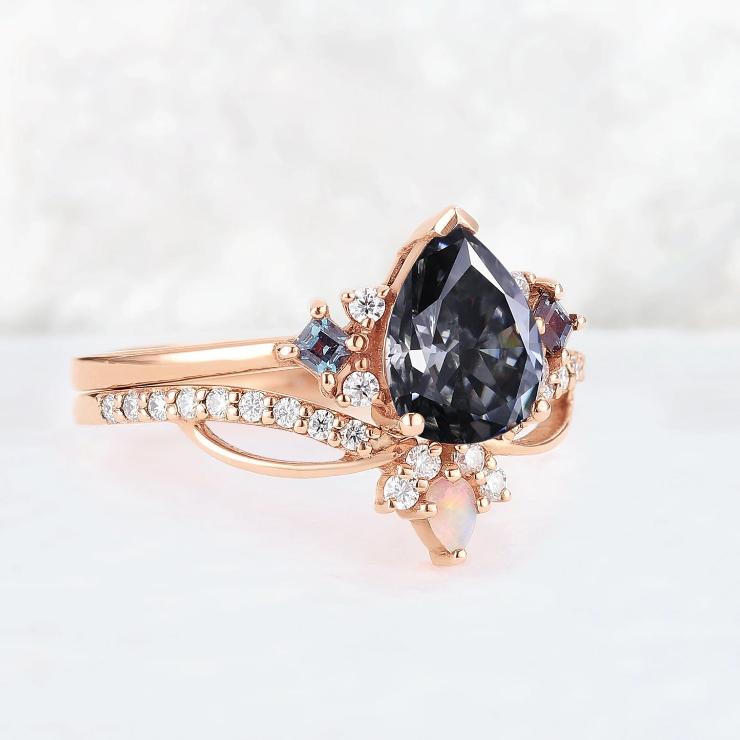 Princess Mononoke Pear Cut Gray Moissanite Cluster Gemstone Ring Set 2pcs