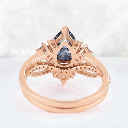 Princess Mononoke Pear Cut Gray Moissanite Cluster Gemstone Ring Set 2pcs