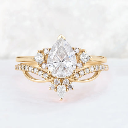 Princess Mononoke Pear Cut Moissanite Cluster Gemstone Ring Set 2pcs