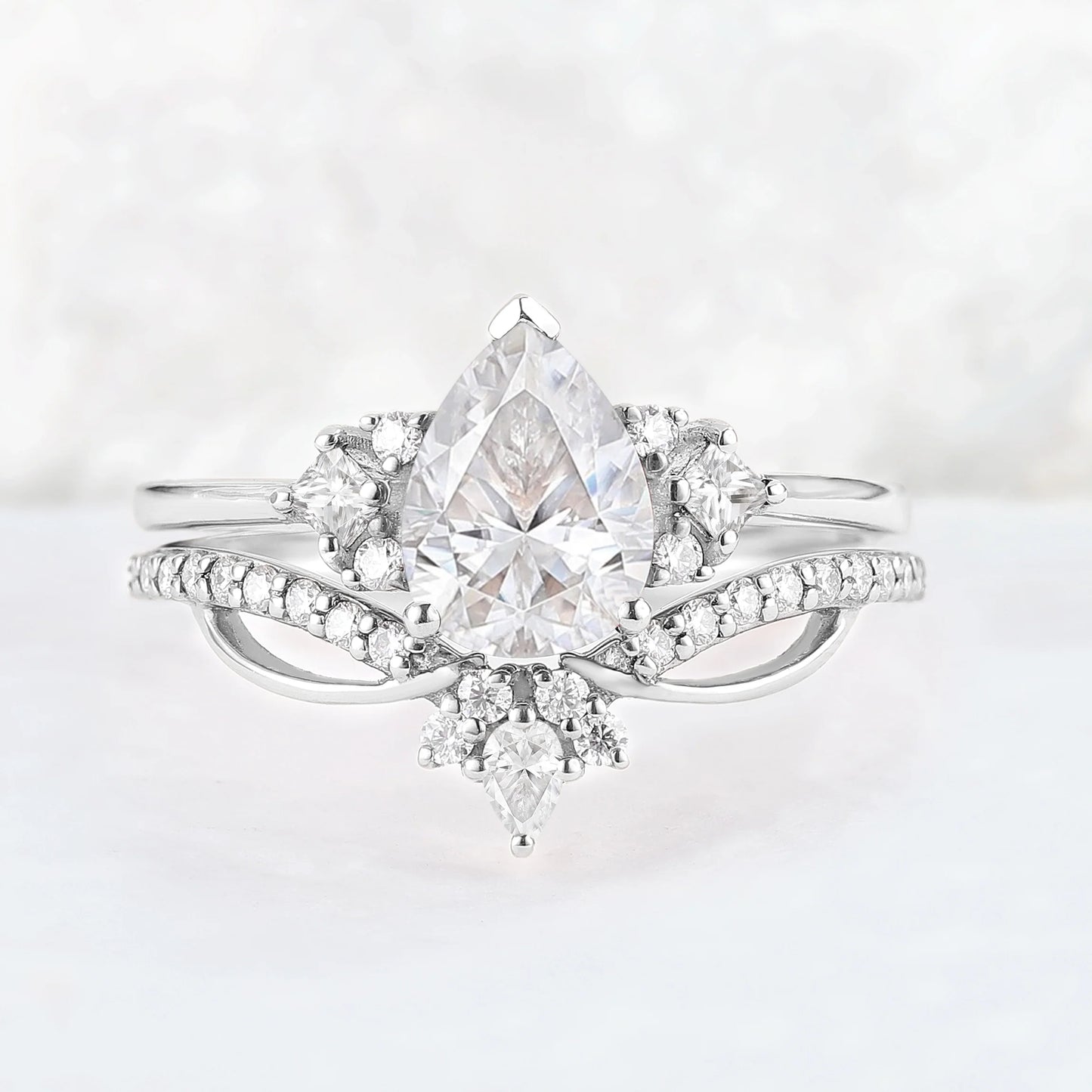Princess Mononoke Pear Cut Moissanite Cluster Gemstone Ring Set 2pcs