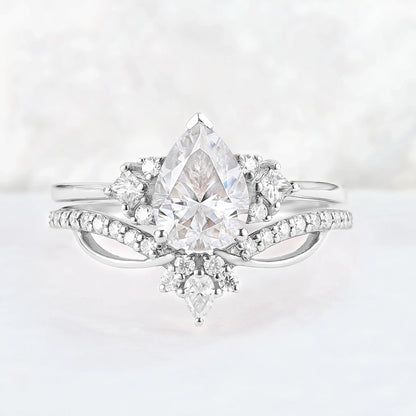 Princess Mononoke Pear Cut Moissanite Cluster Gemstone Ring Set 2pcs