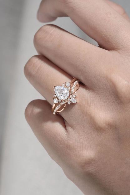 Princess Mononoke Pear Cut Moissanite Cluster Gemstone Ring Set 2pcs
