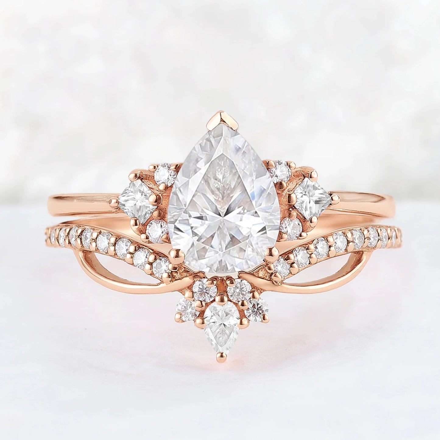 Princess Mononoke Pear Cut Moissanite Cluster Gemstone Ring Set 2pcs