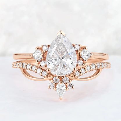 Princess Mononoke Pear Cut Moissanite Cluster Gemstone Ring Set 2pcs