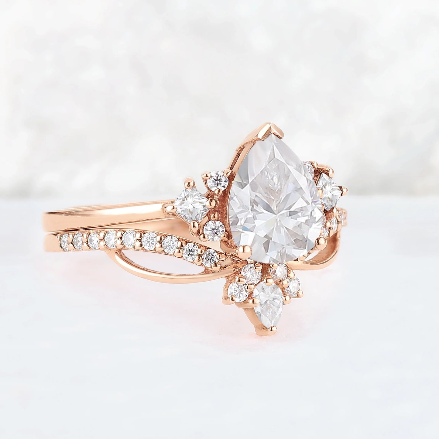 Princess Mononoke Pear Cut Moissanite Cluster Gemstone Ring Set 2pcs
