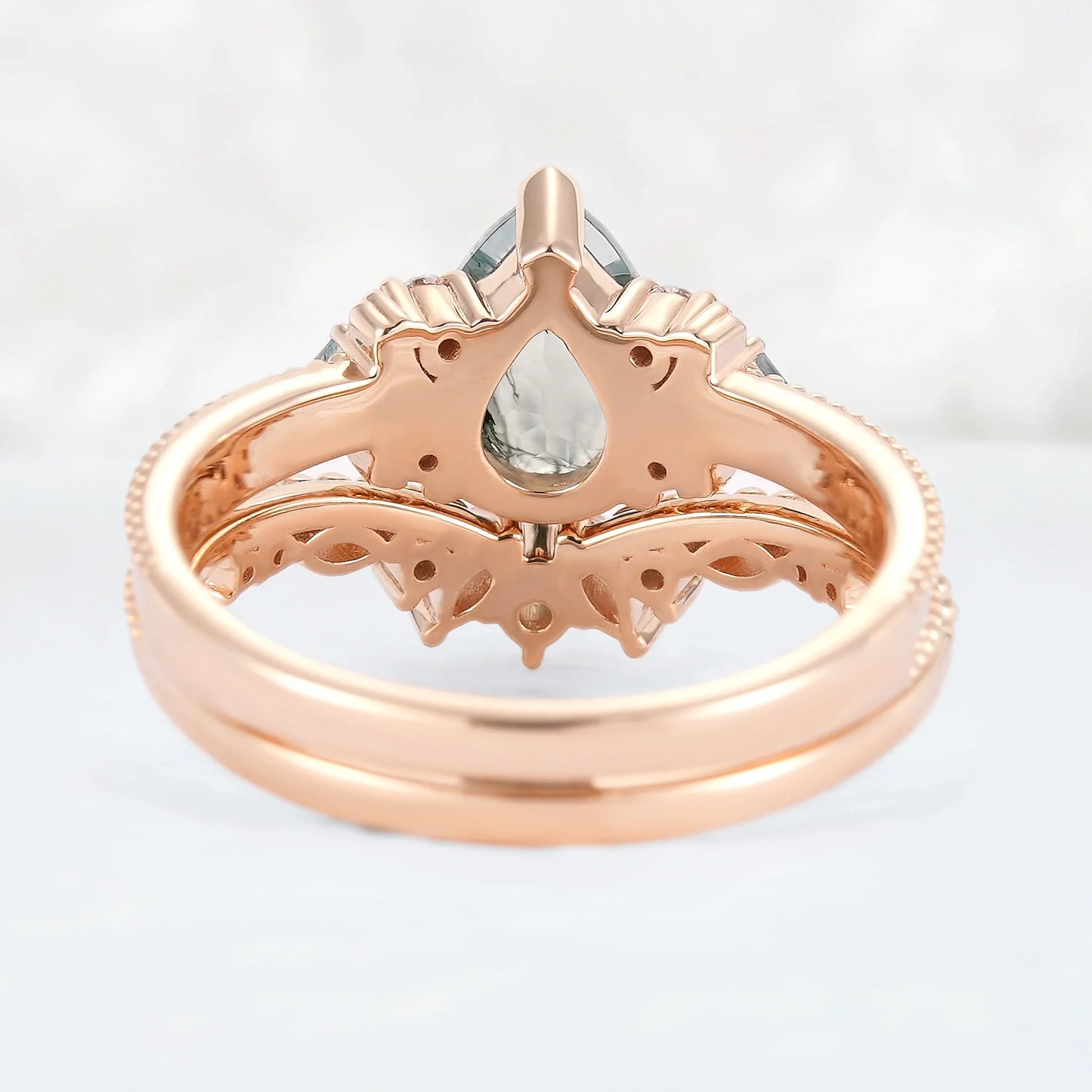 Princess Mononoke Pear Cut Moss Agate Cluster Gemstone Ring Set 2pcs