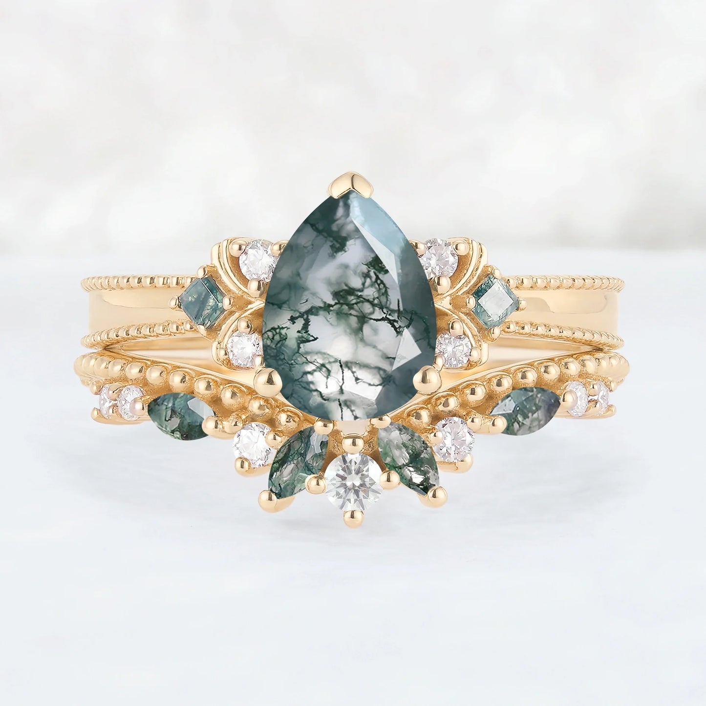Princess Mononoke Pear Cut Moss Agate Cluster Gemstone Ring Set 2pcs