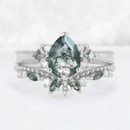 Princess Mononoke Pear Cut Moss Agate Cluster Gemstone Ring Set 2pcs