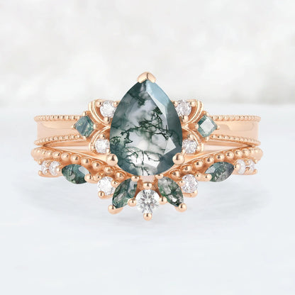 Princess Mononoke Pear Cut Moss Agate Cluster Gemstone Ring Set 2pcs