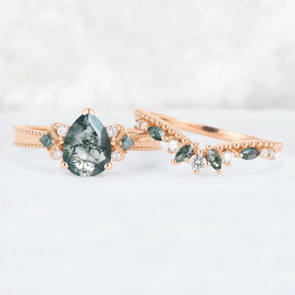 Princess Mononoke Pear Cut Moss Agate Cluster Gemstone Ring Set 2pcs