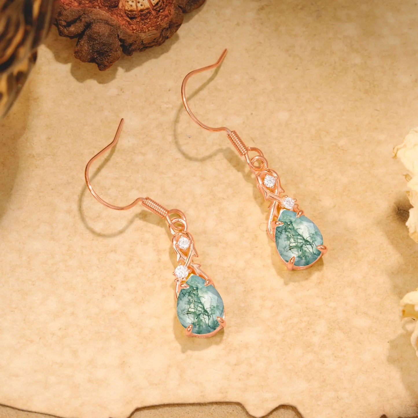 Elegant Pear Cut Natural Moss Agate Earrings