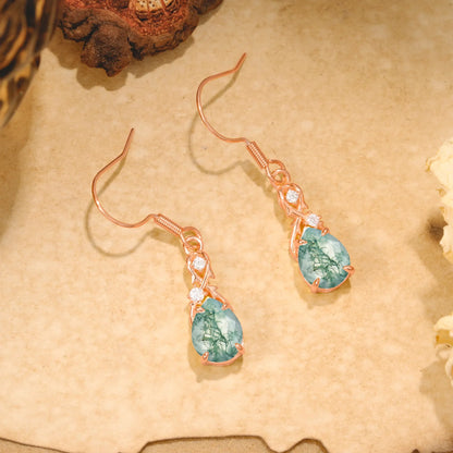 Elegant Pear Cut Natural Moss Agate Earrings