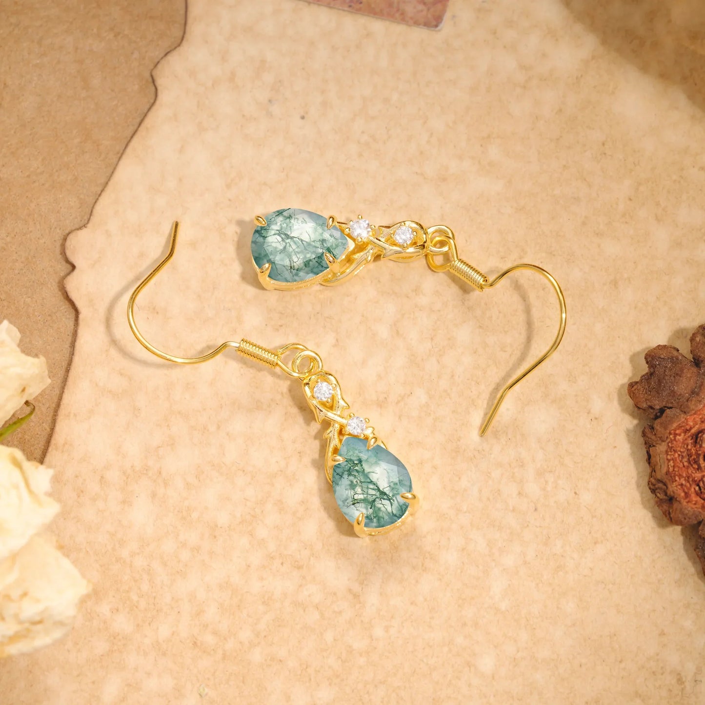 Elegant Pear Cut Natural Moss Agate Earrings