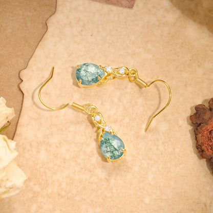 Elegant Pear Cut Natural Moss Agate Earrings
