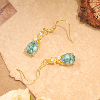 Elegant Pear Cut Natural Moss Agate Earrings