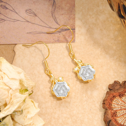 Hexagon Cut Moissanite Drop Earrings with Floral Detail