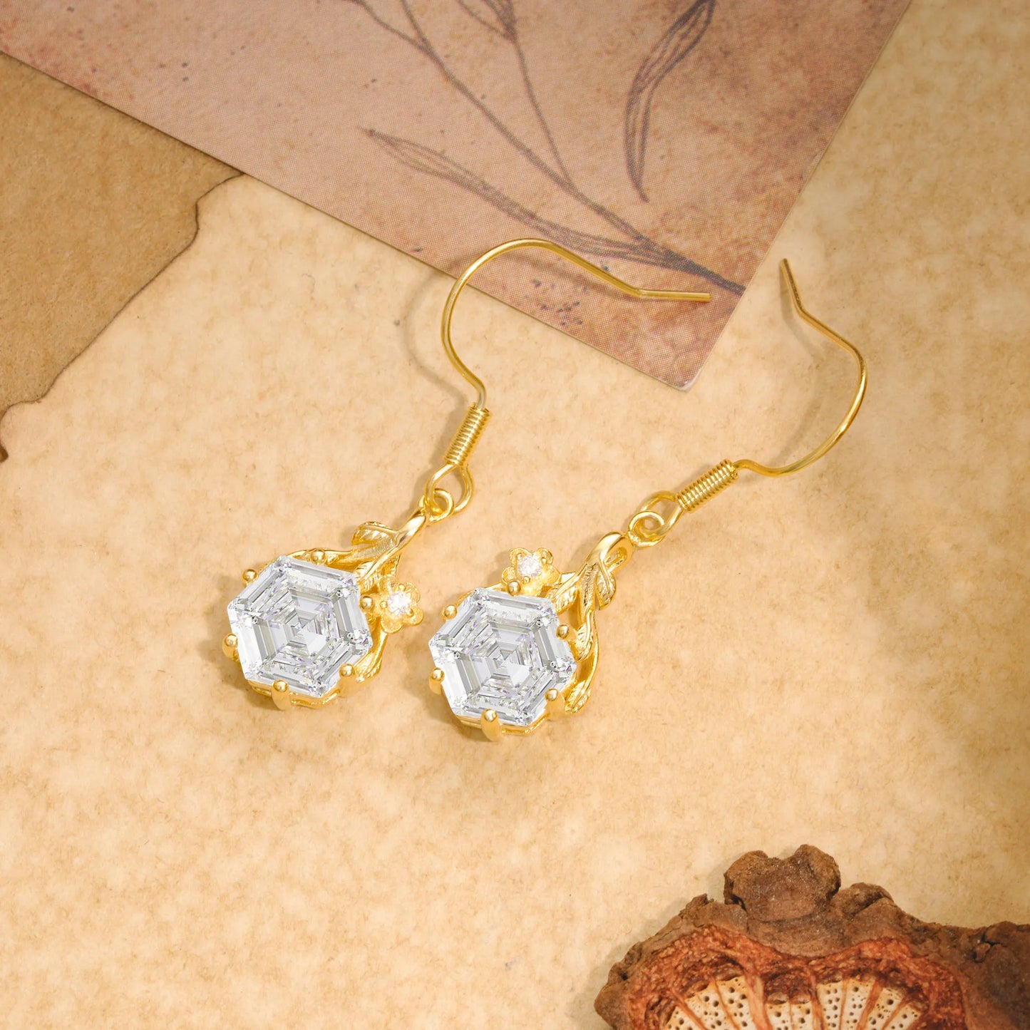 Hexagon Cut Moissanite Drop Earrings with Floral Detail