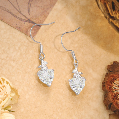 Elegant Heart Shape Moissanite Drop Earrings in Gold with Delicate Leaf Accent