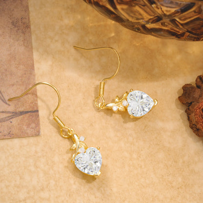 Elegant Heart Shape Moissanite Drop Earrings in Gold with Delicate Leaf Accent