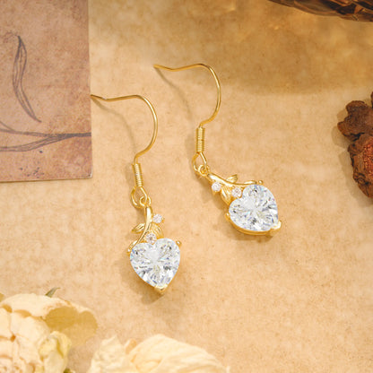 Elegant Heart Shape Moissanite Drop Earrings in Gold with Delicate Leaf Accent
