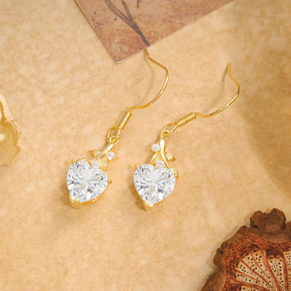 Elegant Heart Shape Moissanite Drop Earrings in Gold with Delicate Leaf Accent