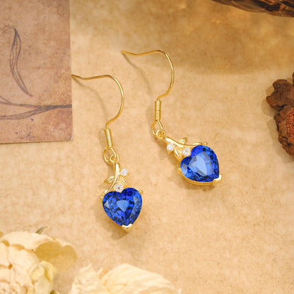 Elegant Heart Shape Sapphire Drop Earrings in Gold with Delicate Leaf Accent