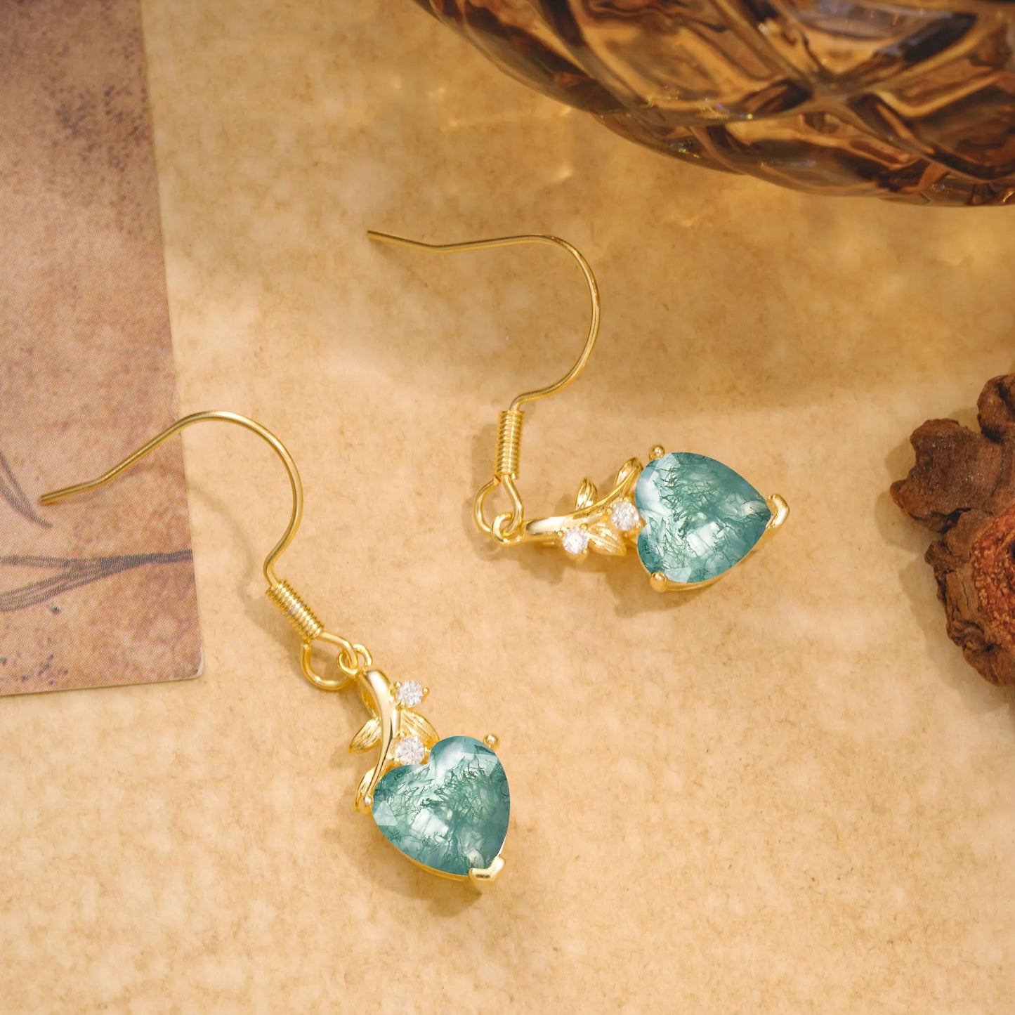 Elegant Heart Shape Moss Agate Drop Earrings in Gold with Delicate Leaf Accent