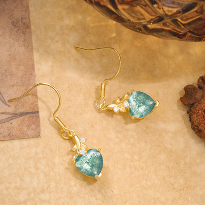 Elegant Heart Shape Moss Agate Drop Earrings in Gold with Delicate Leaf Accent