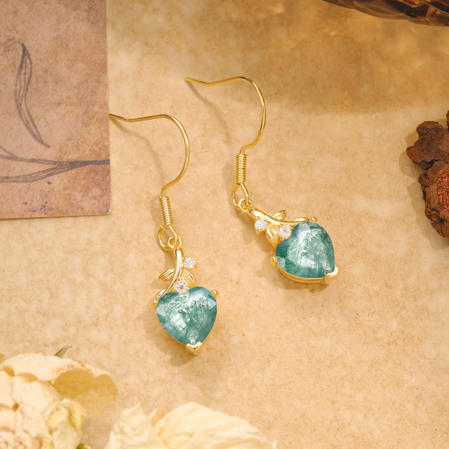 Elegant Heart Shape Moss Agate Drop Earrings in Gold with Delicate Leaf Accent