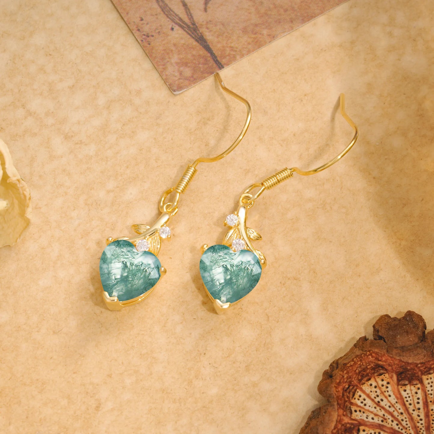 Elegant Heart Shape Moss Agate Drop Earrings in Gold with Delicate Leaf Accent