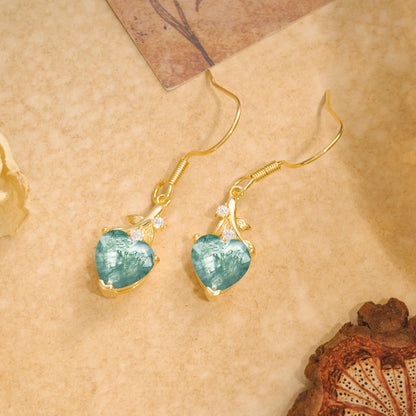 Elegant Heart Shape Moss Agate Drop Earrings in Gold with Delicate Leaf Accent