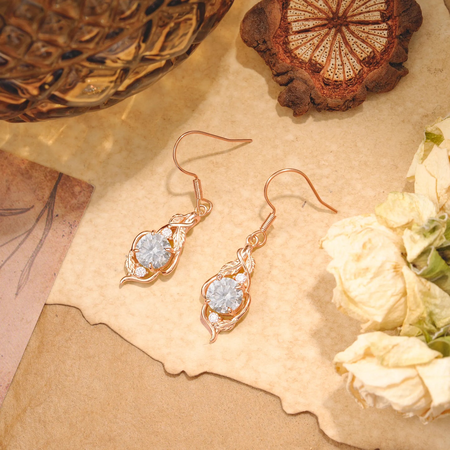 Luxury Round Cut Moissanite Earrings with Leaf Wrap Design