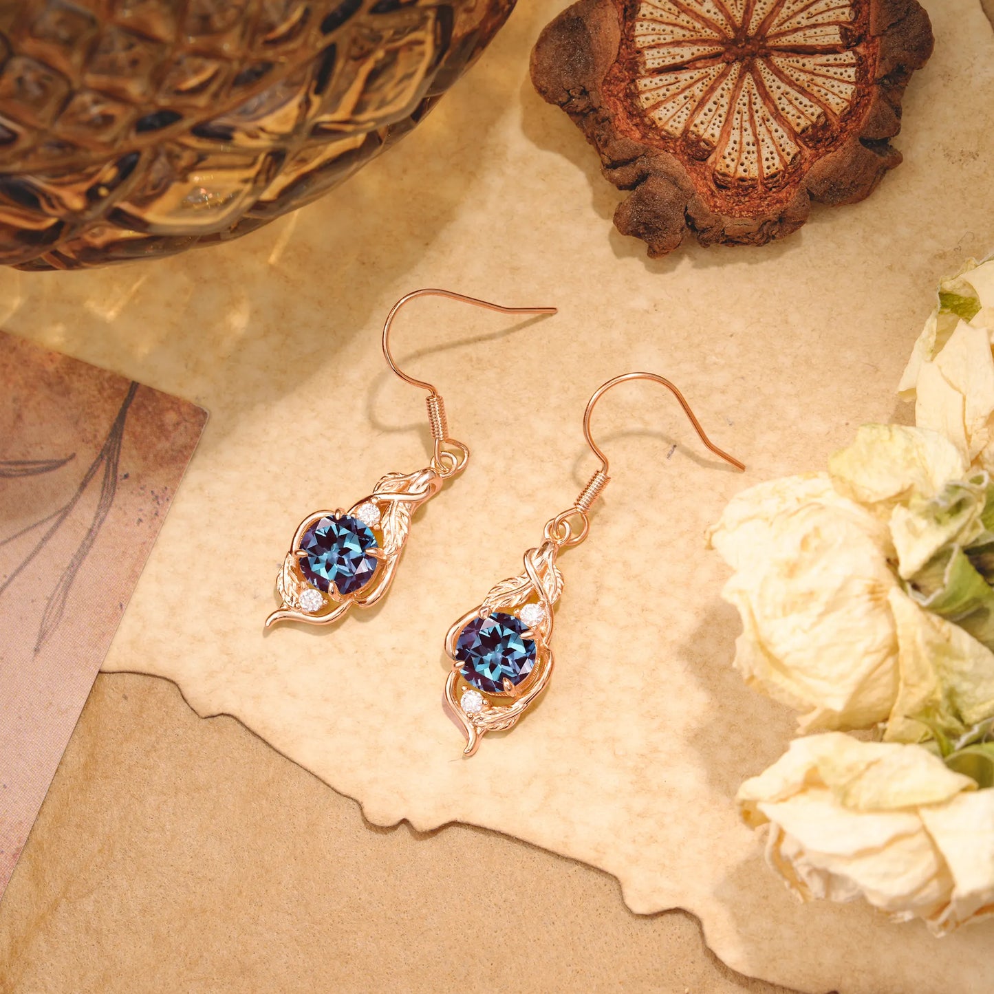 Luxury Round Cut Alexandrite Earrings with Leaf Wrap Design