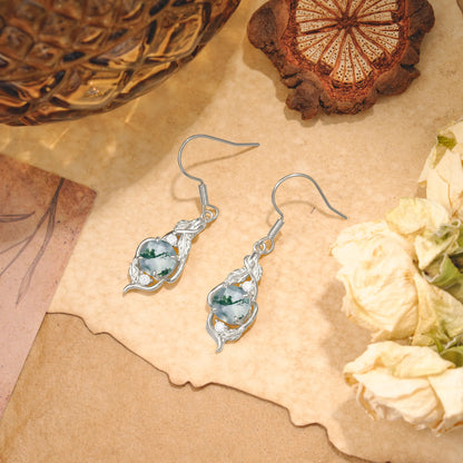 Luxury Round Cut Moss Agate Earrings with Leaf Wrap Design