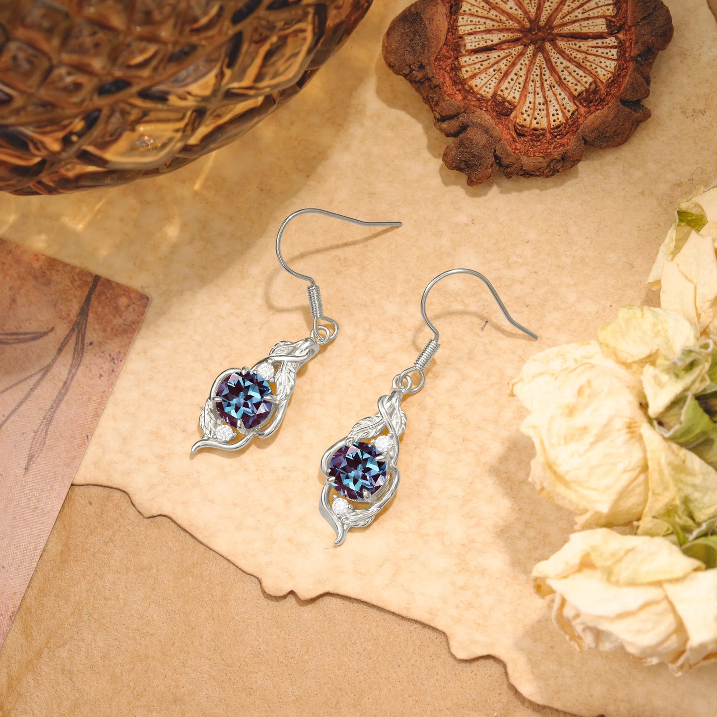 Luxury Round Cut Alexandrite Earrings with Leaf Wrap Design
