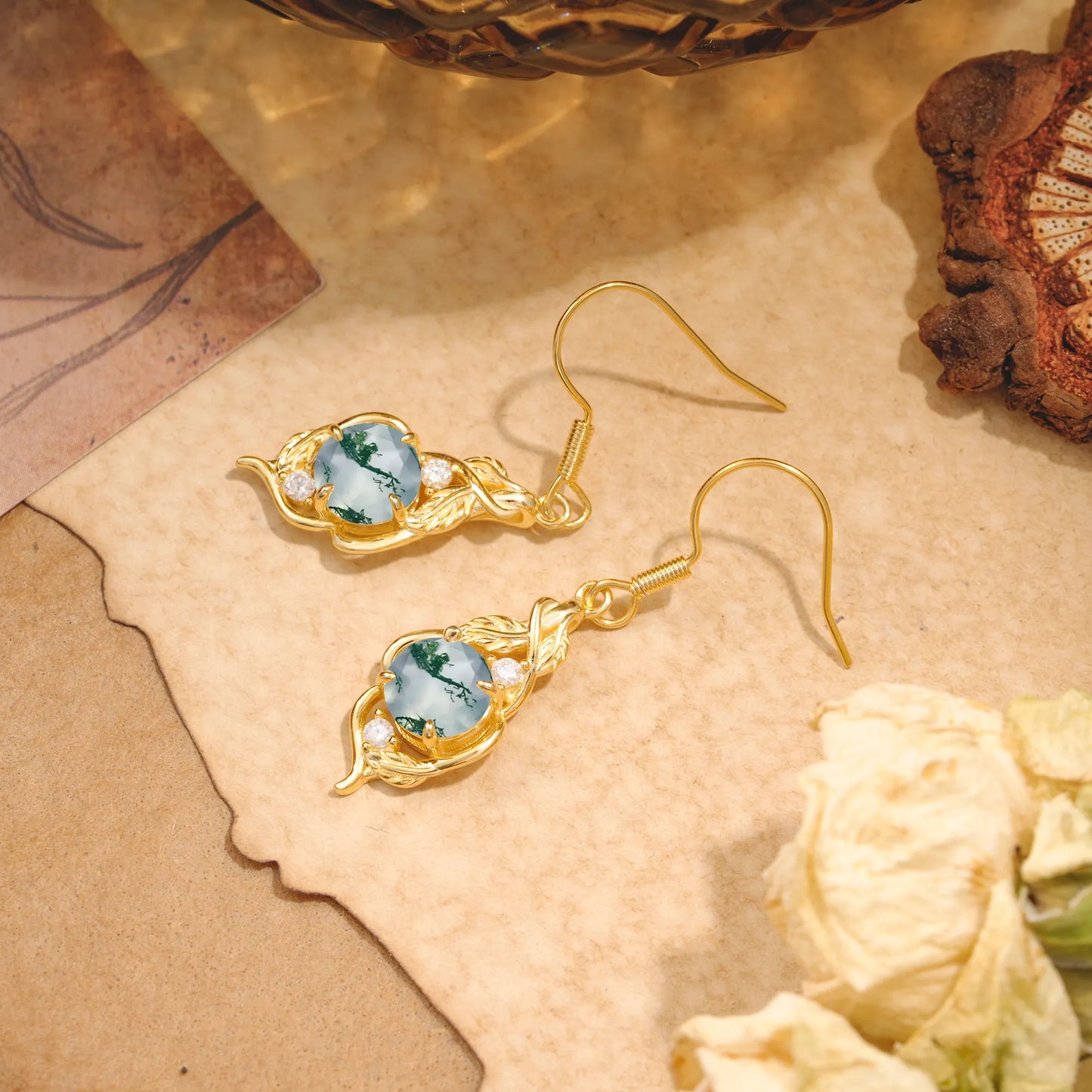 Luxury Round Cut Moss Agate Earrings with Leaf Wrap Design