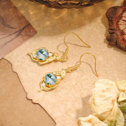 Luxury Round Cut Moss Agate Earrings with Leaf Wrap Design