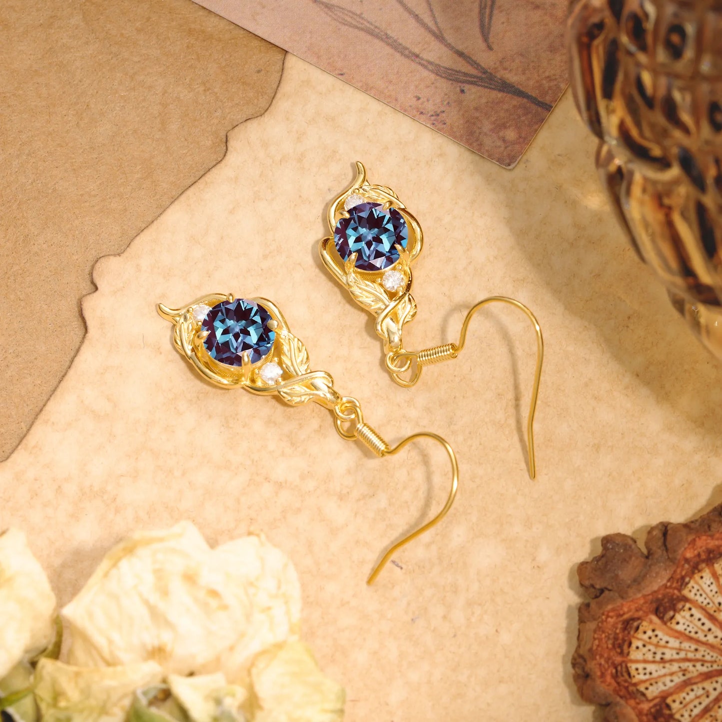 Luxury Round Cut Alexandrite Earrings with Leaf Wrap Design