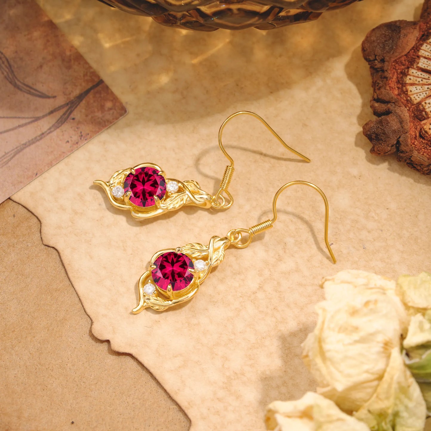 Luxury Round Cut Ruby Earrings with Leaf Wrap Design