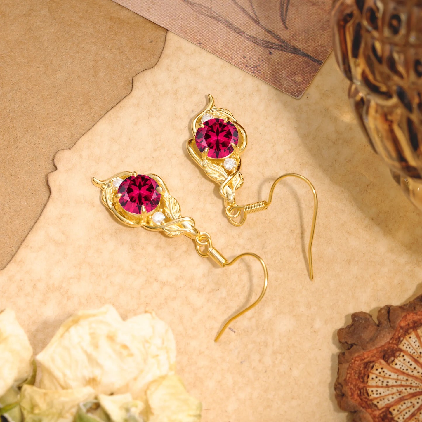 Luxury Round Cut Ruby Earrings with Leaf Wrap Design