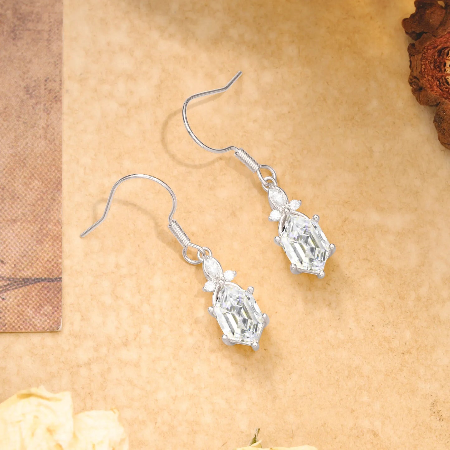 Antique Floral Elongated Hexagon 6 Prong Moissanite Earrings