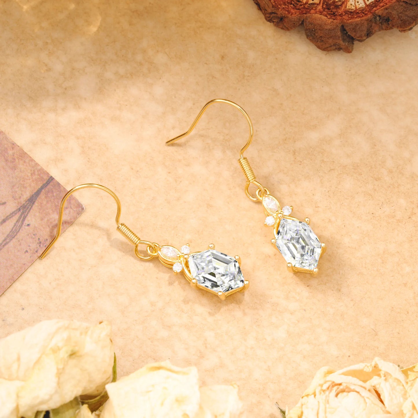 Antique Floral Elongated Hexagon 6 Prong Moissanite Earrings