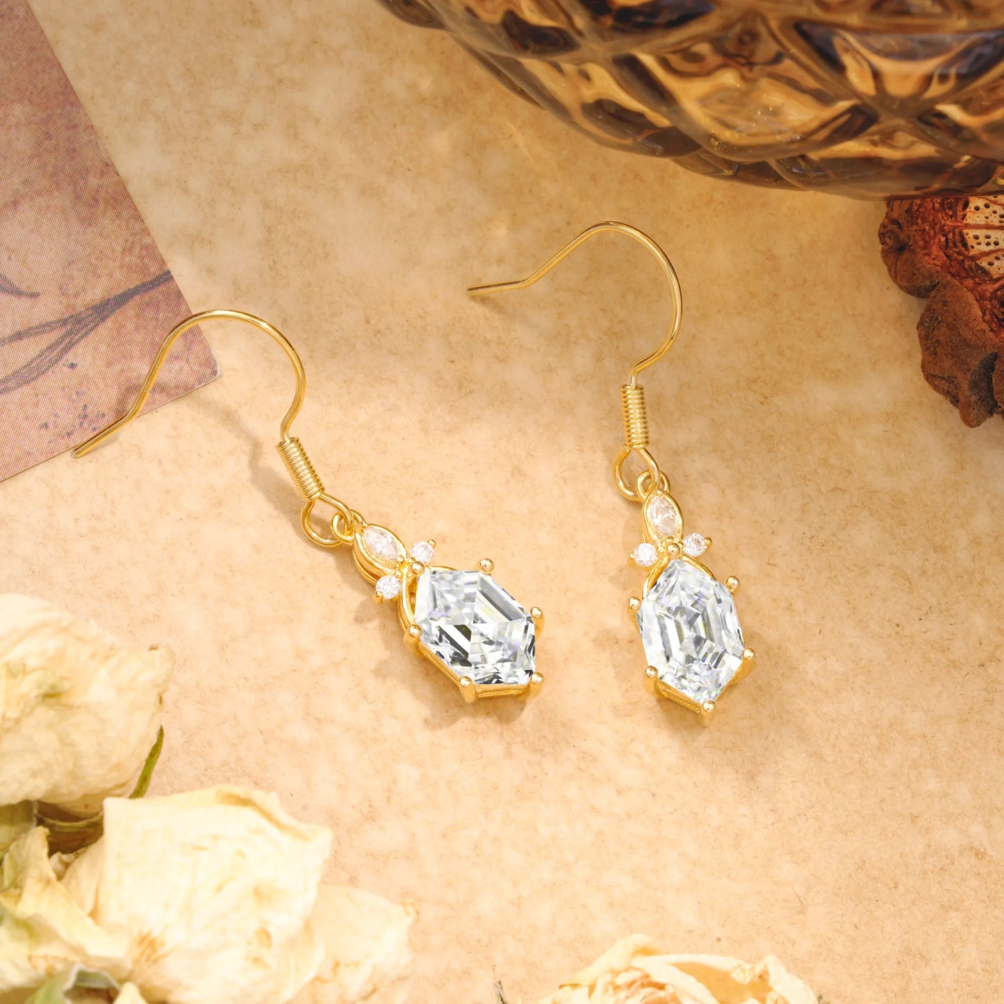 Antique Floral Elongated Hexagon 6 Prong Moissanite Earrings