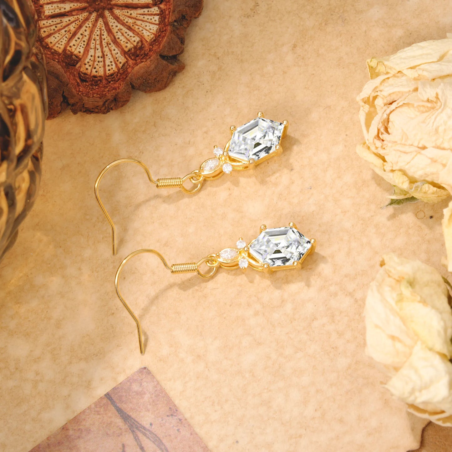 Antique Floral Elongated Hexagon 6 Prong Moissanite Earrings