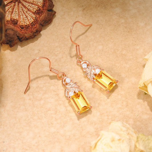 Unique Princess Cut Citrine Earrings with Leaf Detail for Women