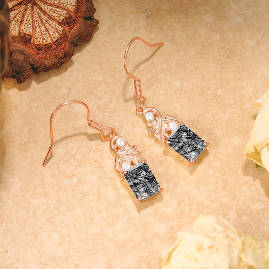 Unique Princess Cut Black Rutilated Quartz Earrings with Leaf Detail for Women